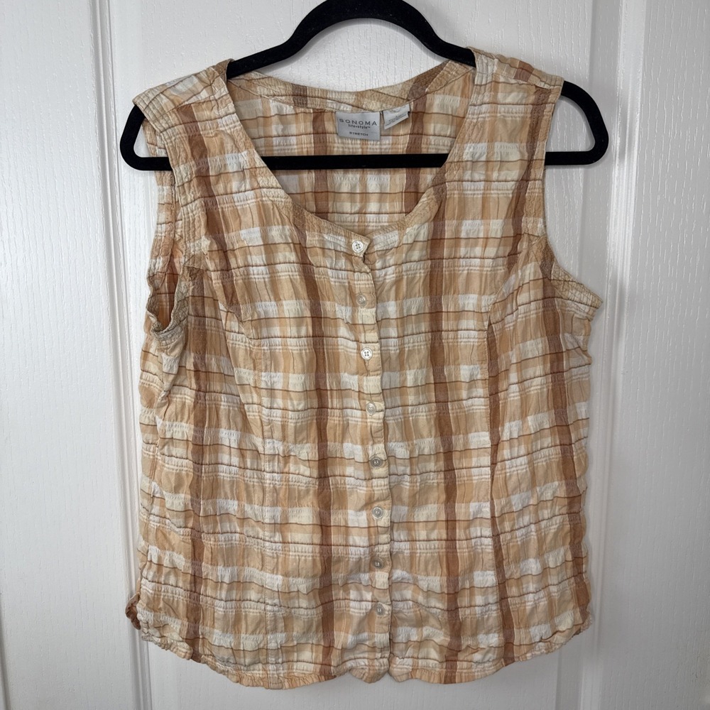 Sonoma Life Style Womens L Tan Plaid Sleeveless Button Front Top Smocked